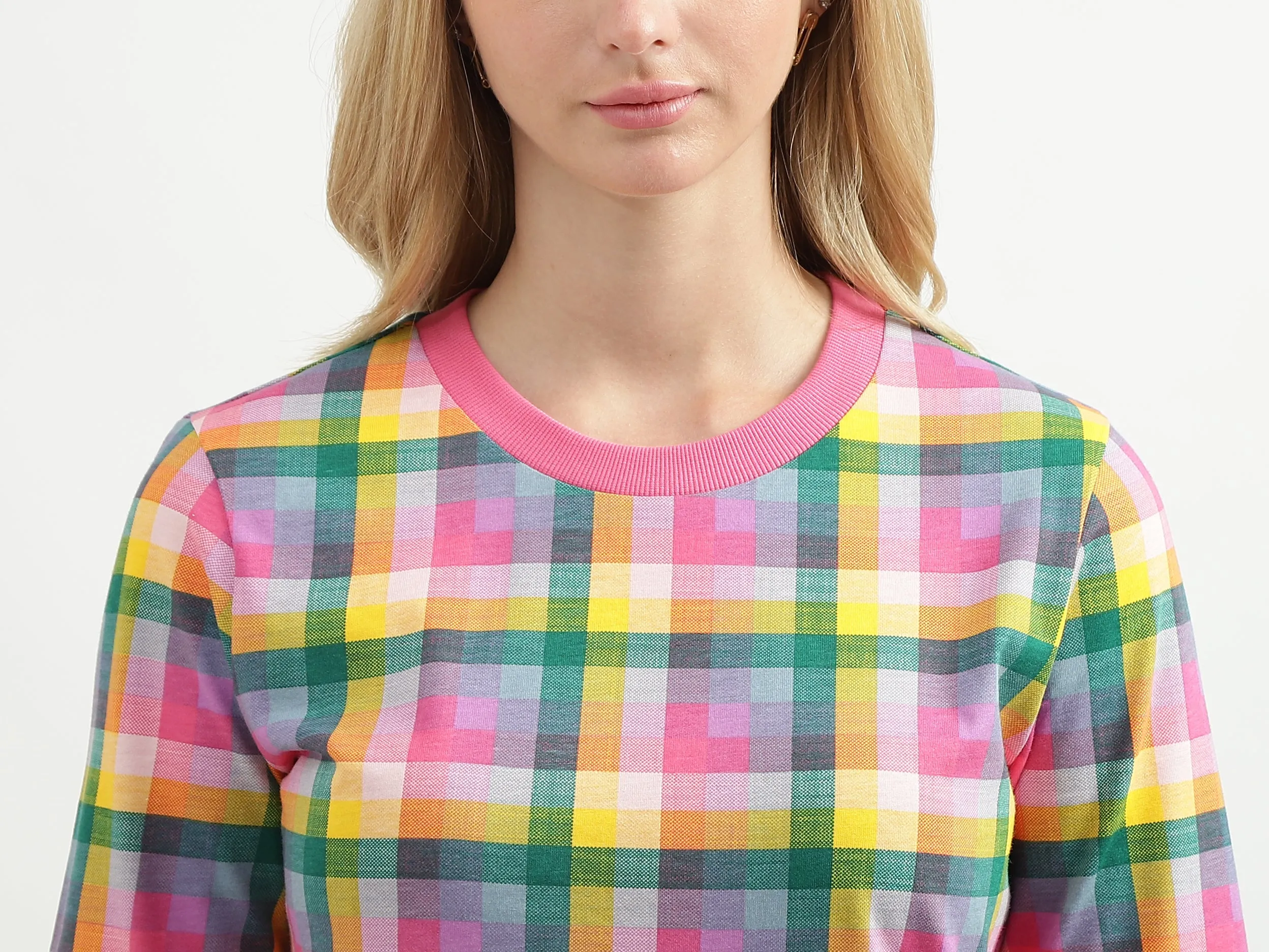 Checked Pattern Straight-Fit Round Neck Dress