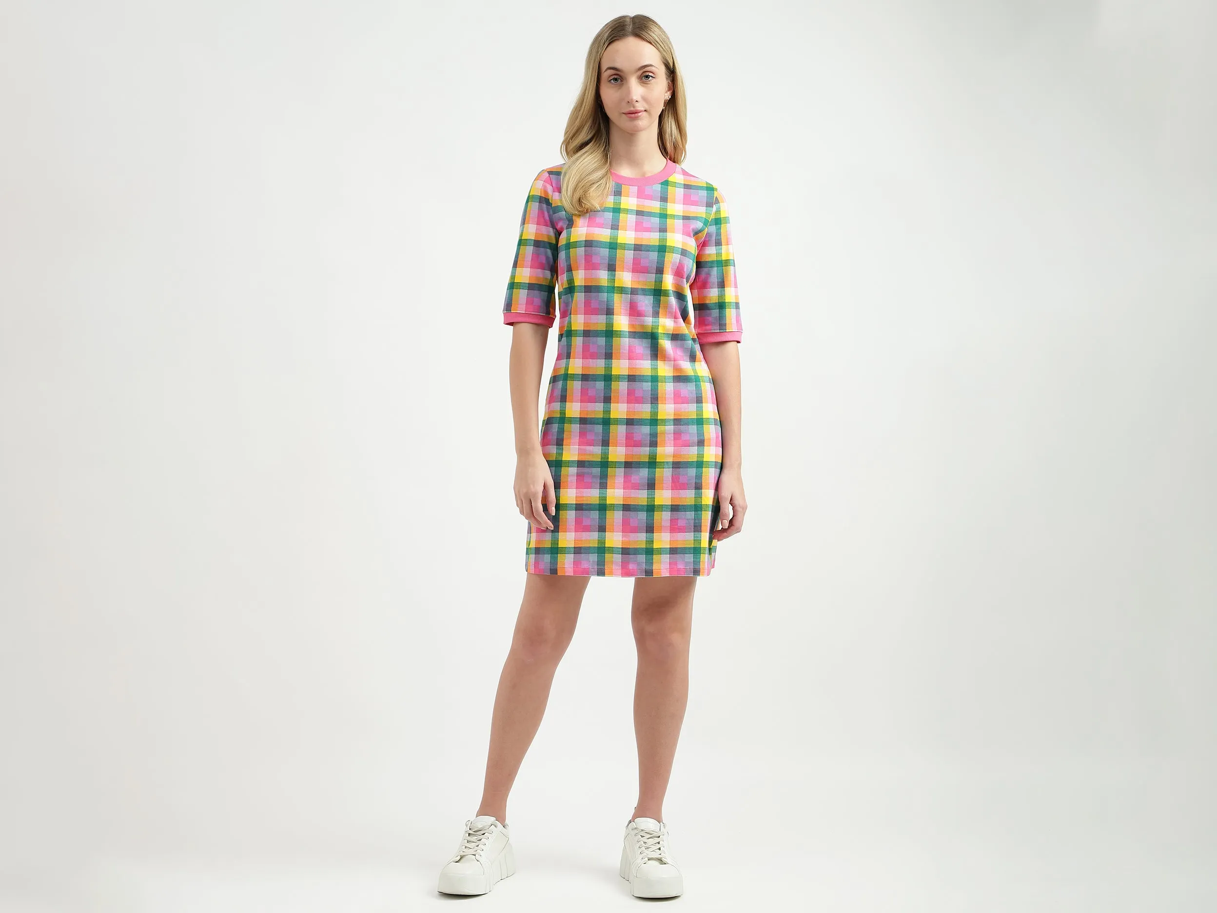 Checked Pattern Straight-Fit Round Neck Dress