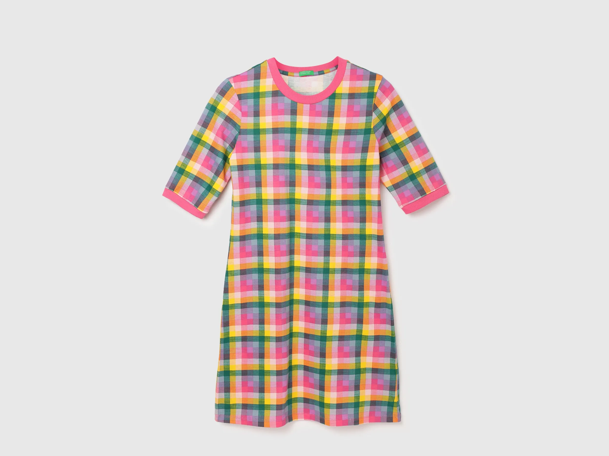 Checked Pattern Straight-Fit Round Neck Dress