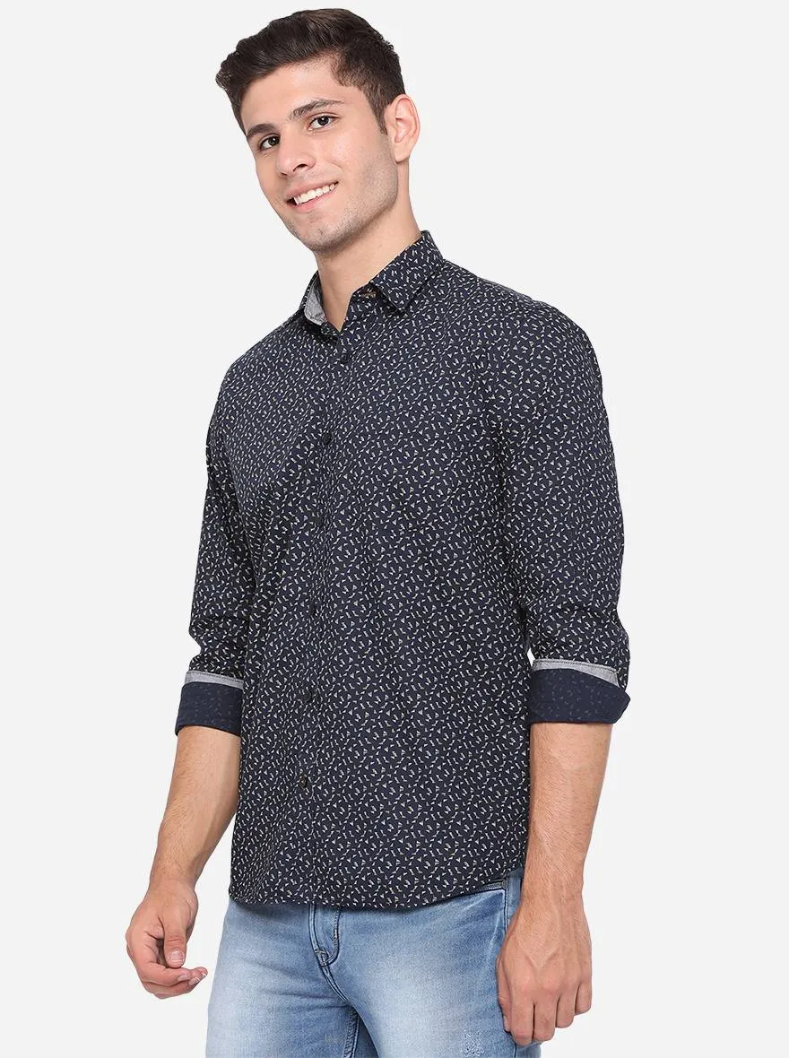 Dark Blue Printed Slim Fit Casual Shirt | Greenfibre