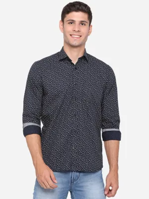 Dark Blue Printed Slim Fit Casual Shirt | Greenfibre