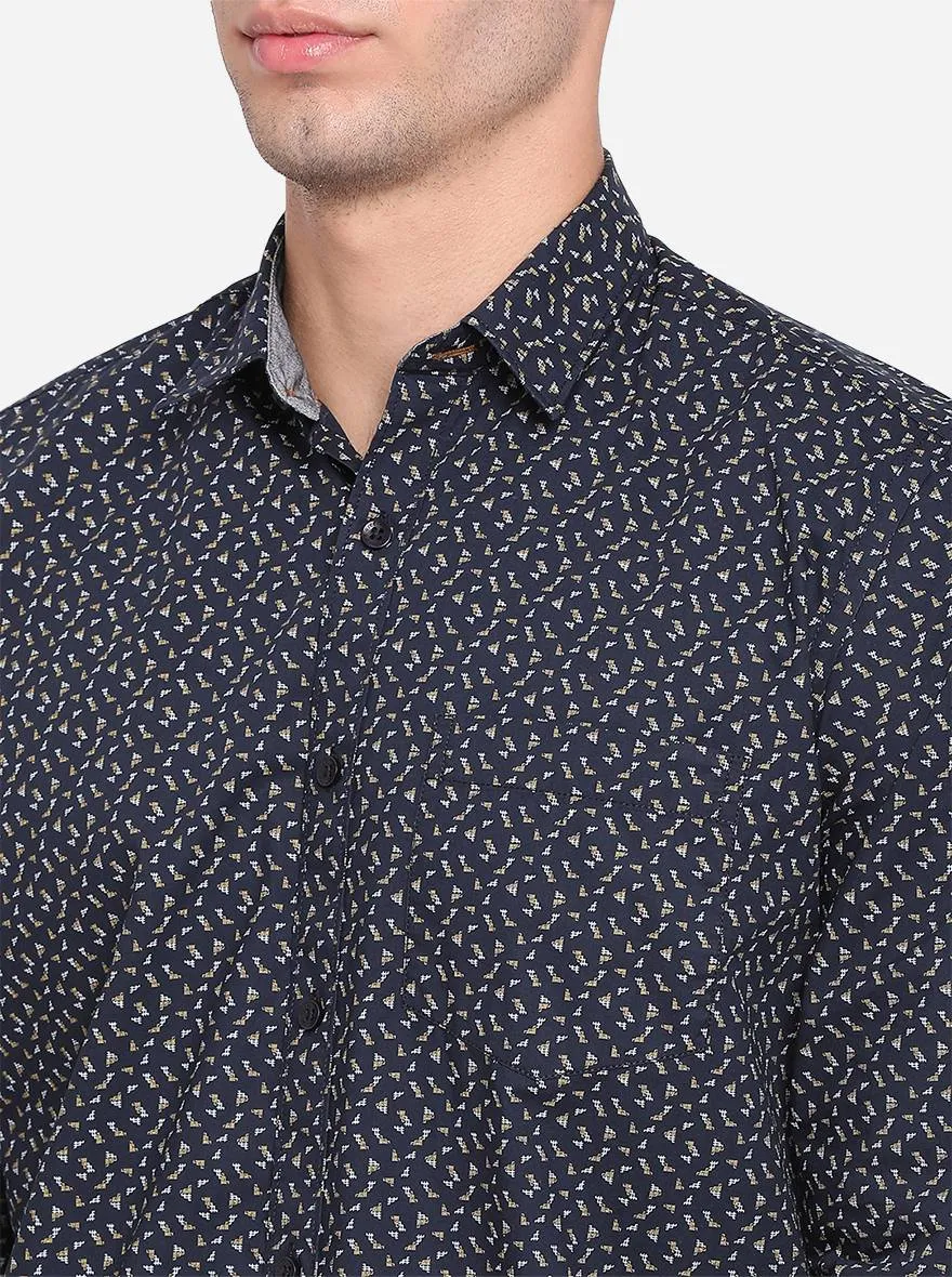 Dark Blue Printed Slim Fit Casual Shirt | Greenfibre