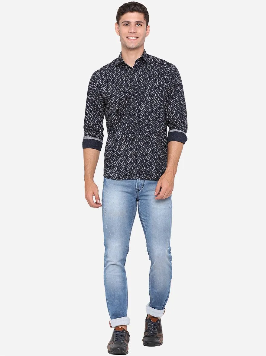 Dark Blue Printed Slim Fit Casual Shirt | Greenfibre