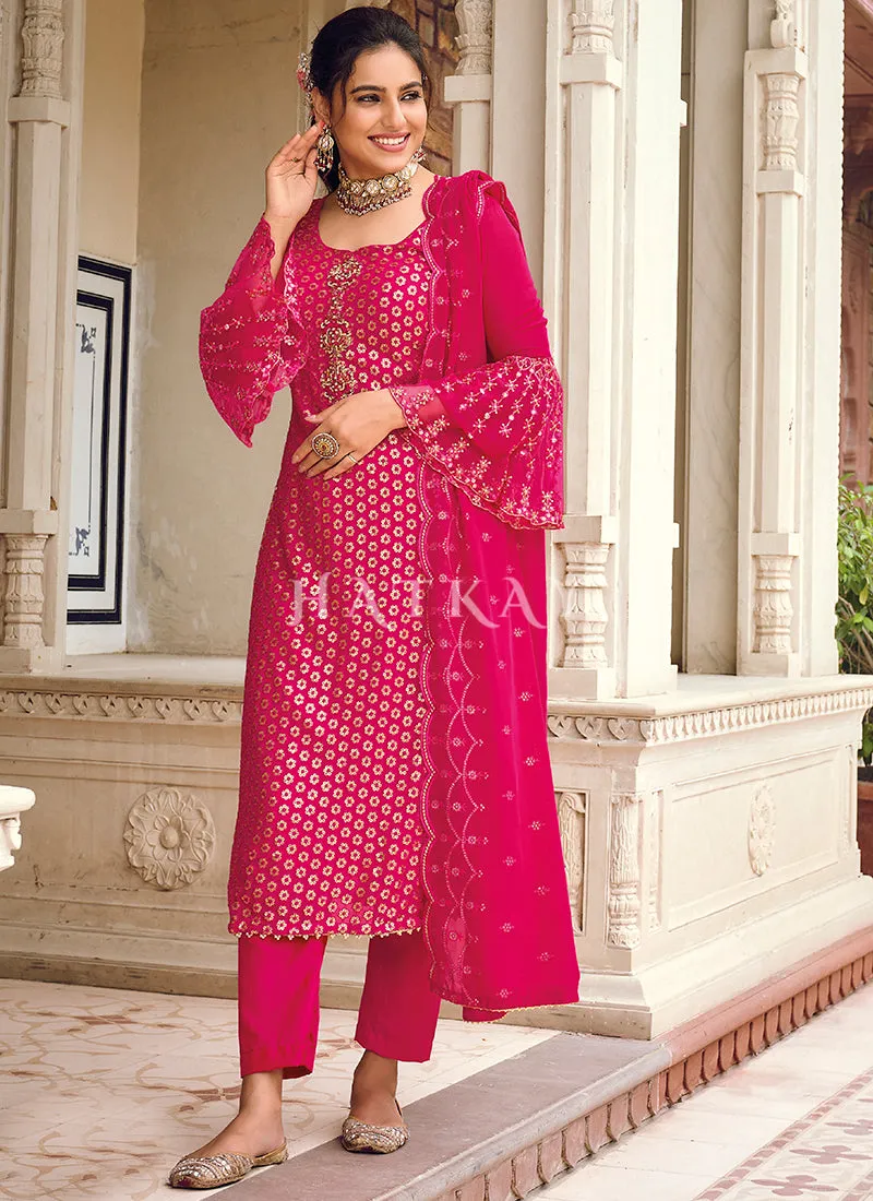 Hot Pink Embroidered Pakistani Pant Style Suit