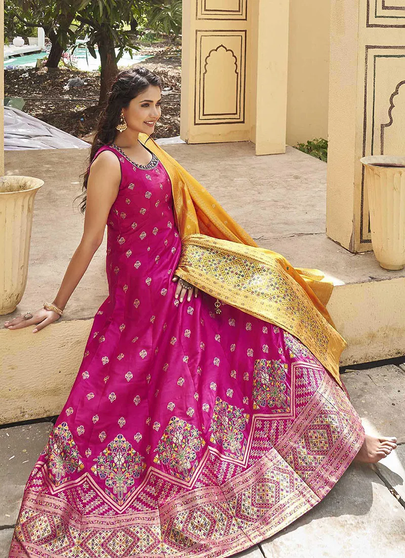 Hot Pink Mirror Work Embroidery Silk Anarkali Suit