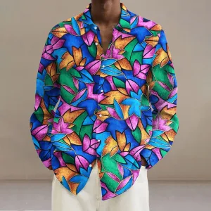 Man's Vintage Multicolor Maple Leaf Art Print Long Sleeve Shirt