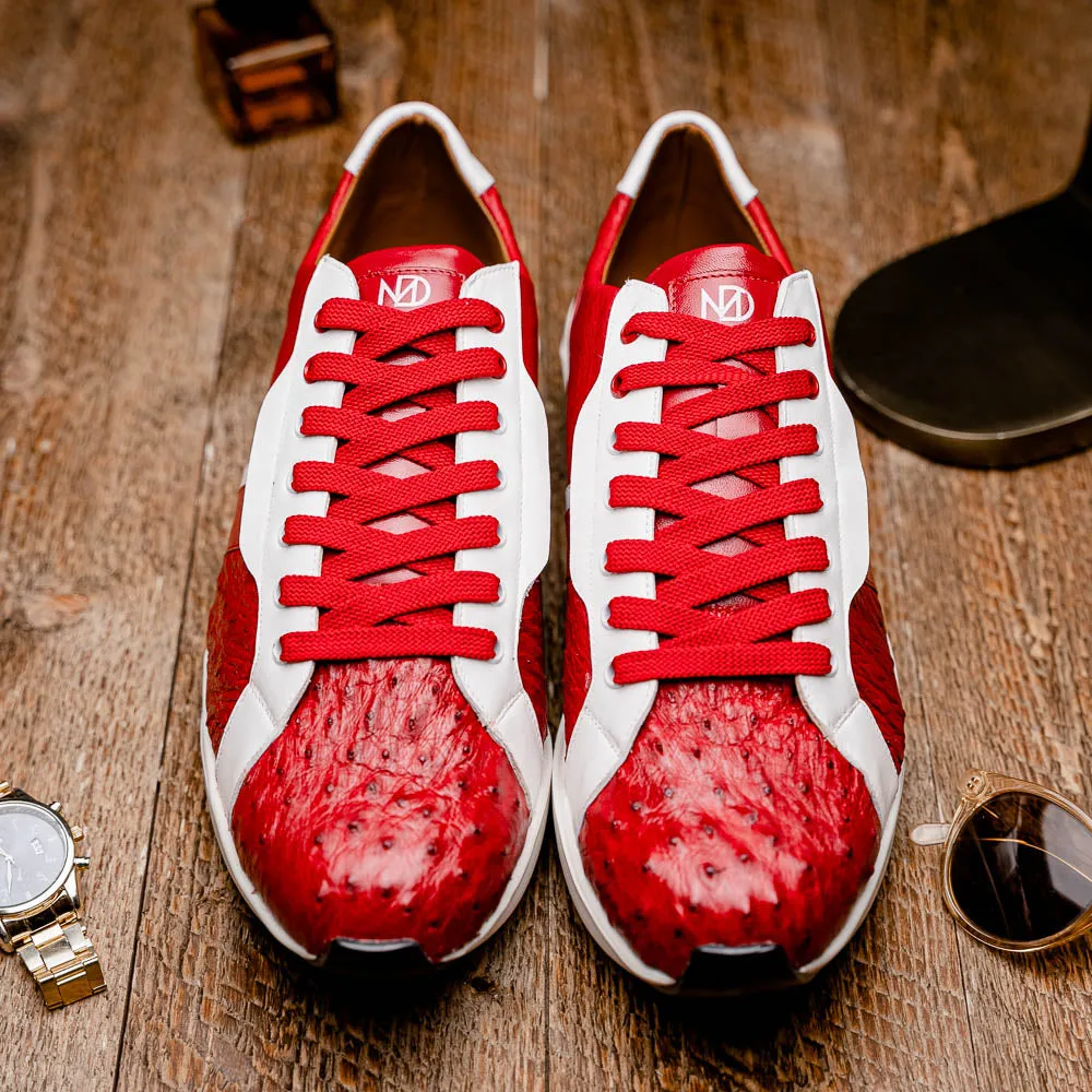 Marco Di Milano Lyon II in Red / White Ostrich Quill & Calfskin Sneakers
