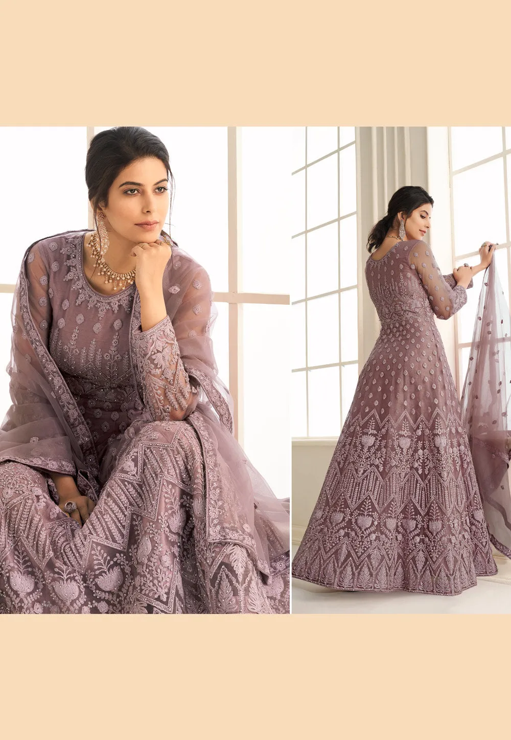 Mauve Embroidered Wedding Anarkali Suit