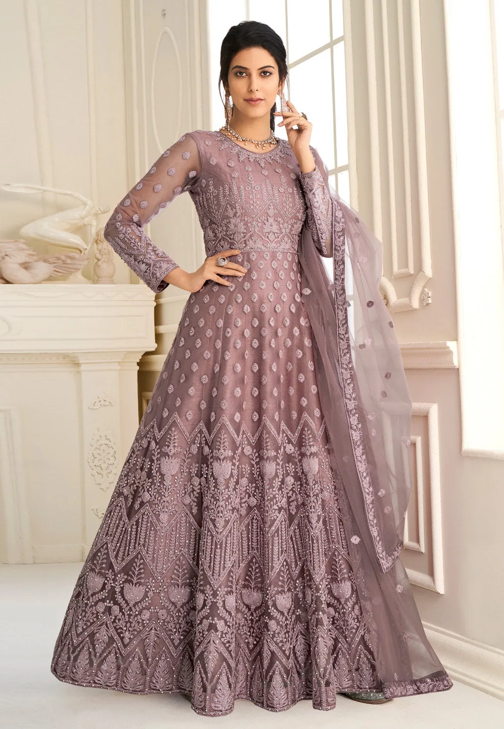 Mauve Embroidered Wedding Anarkali Suit