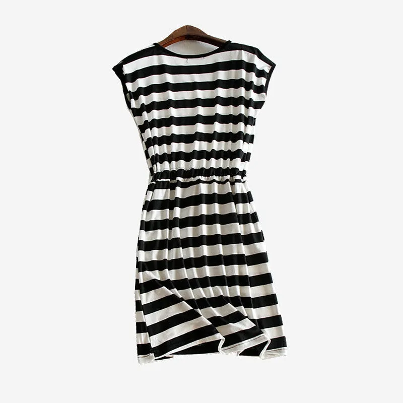 One Size Women Style Spring Summer Dress Casual Stripe Sleeveless Slim Dresses Solid Color Loose Dress AE529