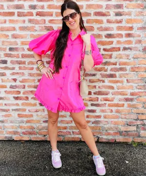Puff Sleeve Ruffle Pocket Dress