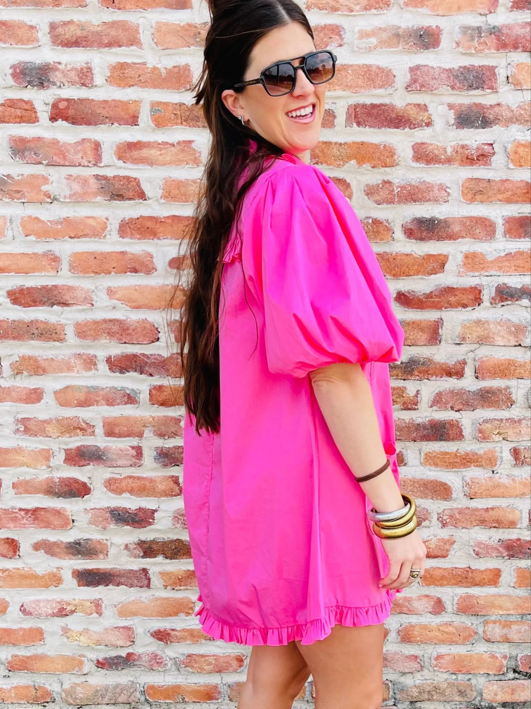 Puff Sleeve Ruffle Pocket Dress