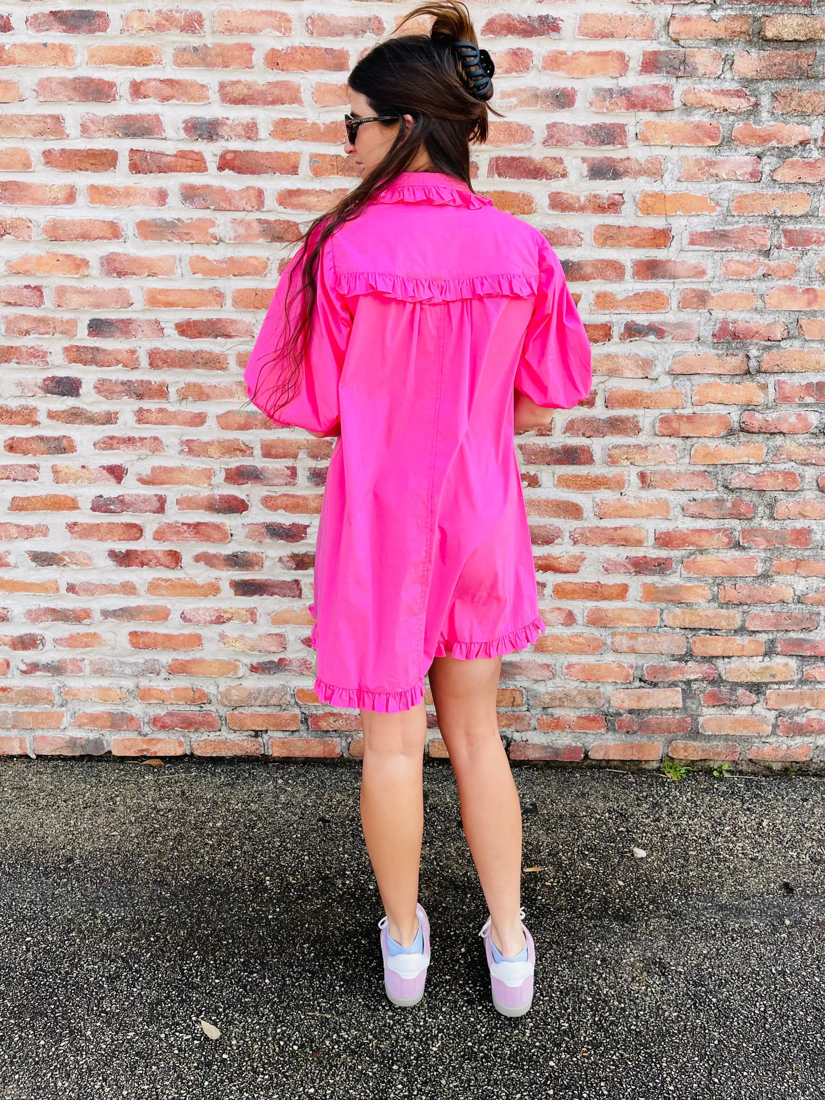Puff Sleeve Ruffle Pocket Dress