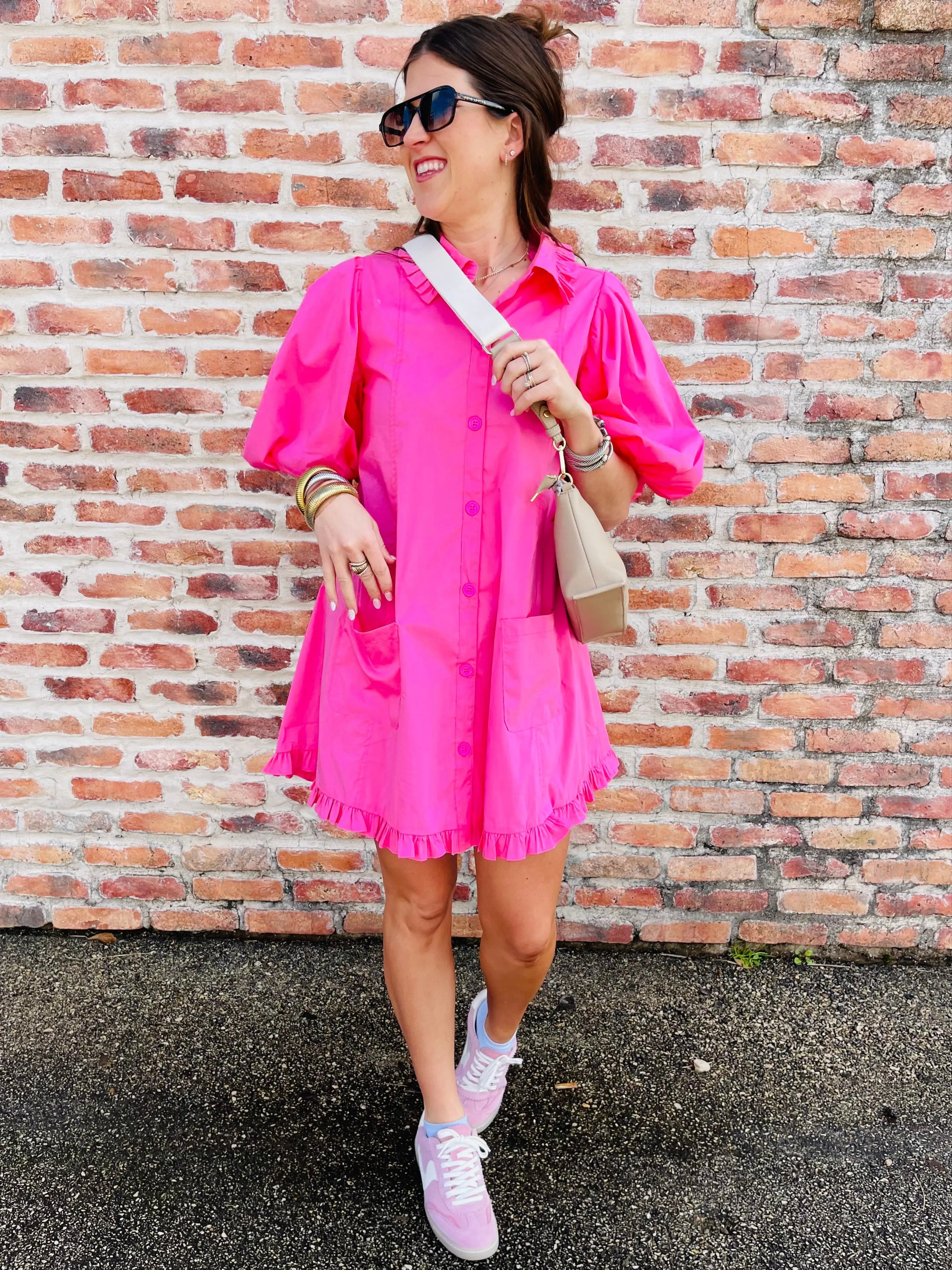 Puff Sleeve Ruffle Pocket Dress