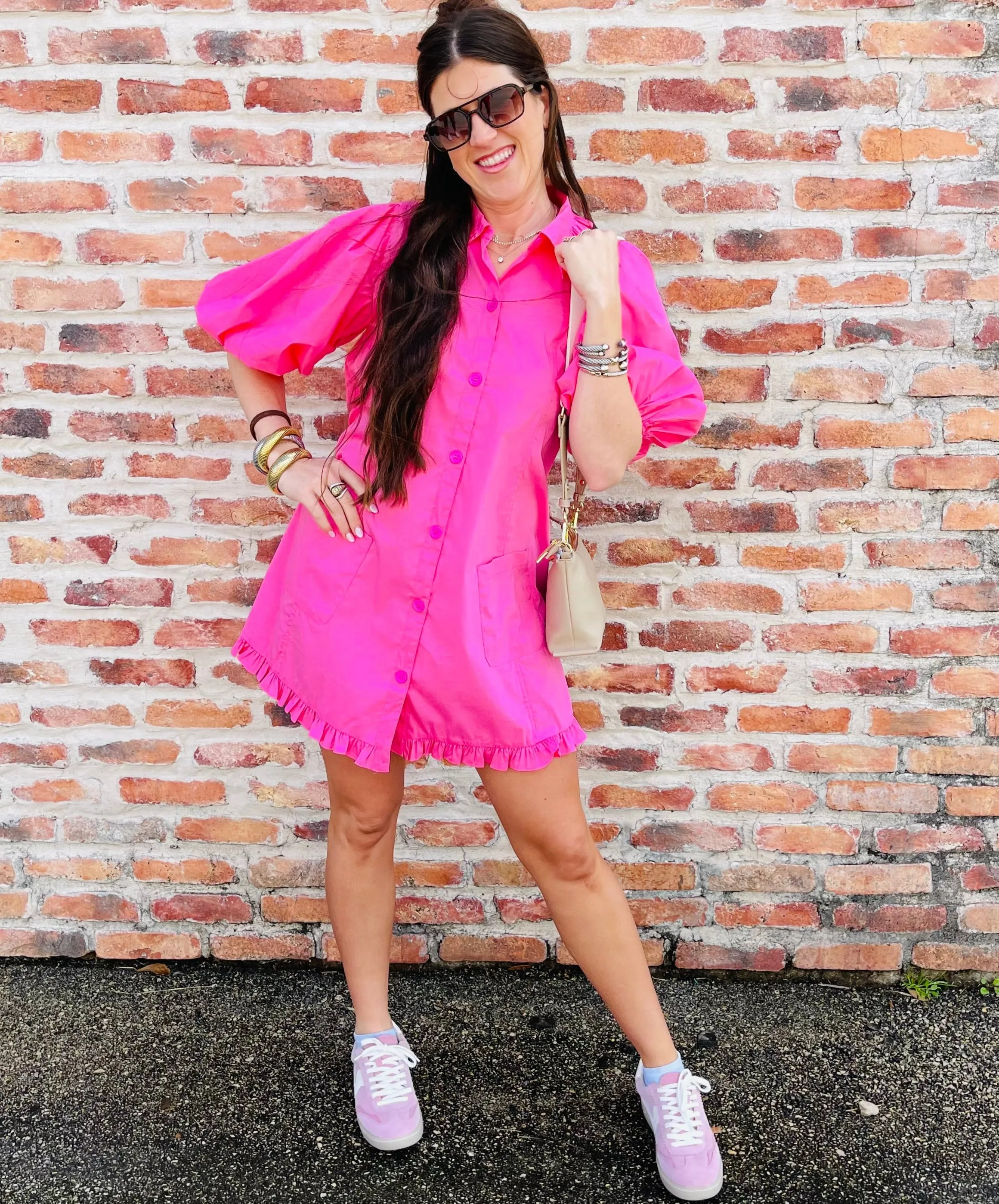 Puff Sleeve Ruffle Pocket Dress