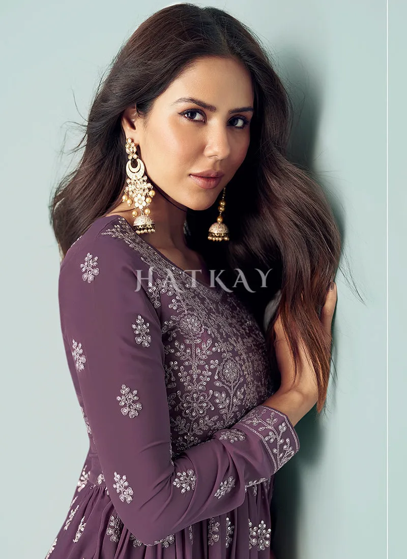 Purple Embroidered Georgette Anarkali Suit