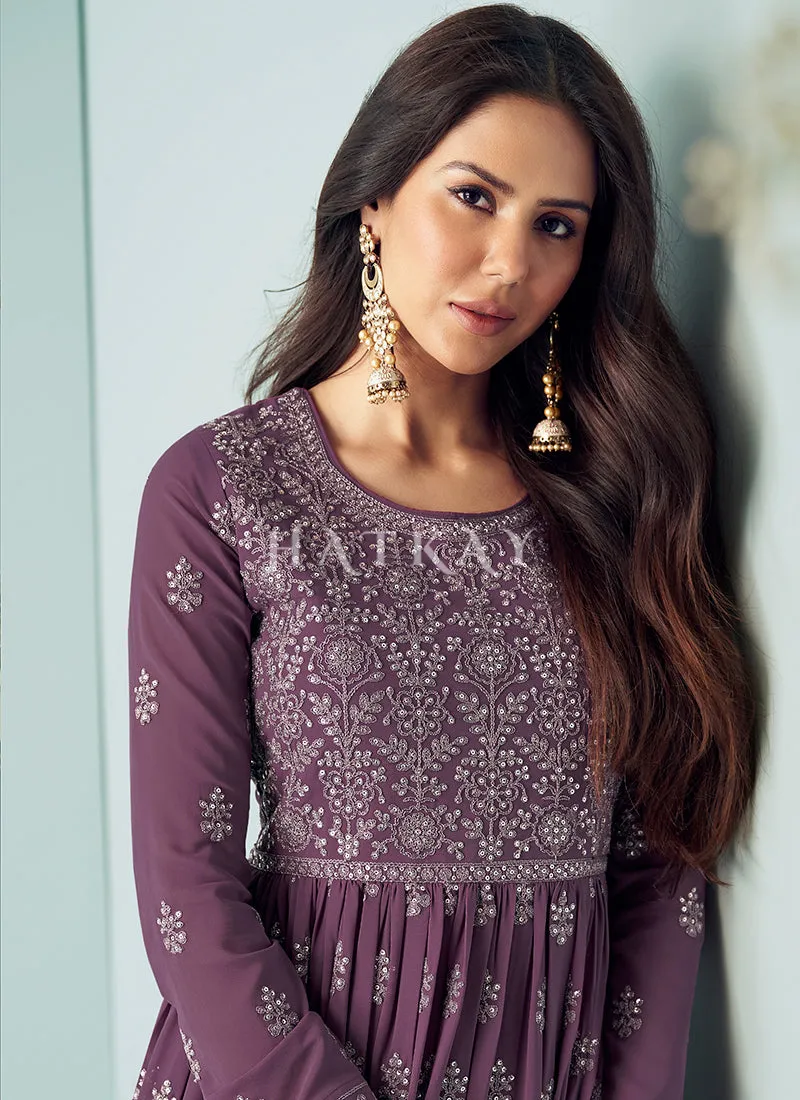 Purple Embroidered Georgette Anarkali Suit