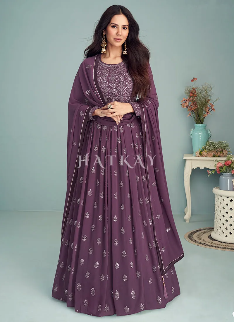 Purple Embroidered Georgette Anarkali Suit
