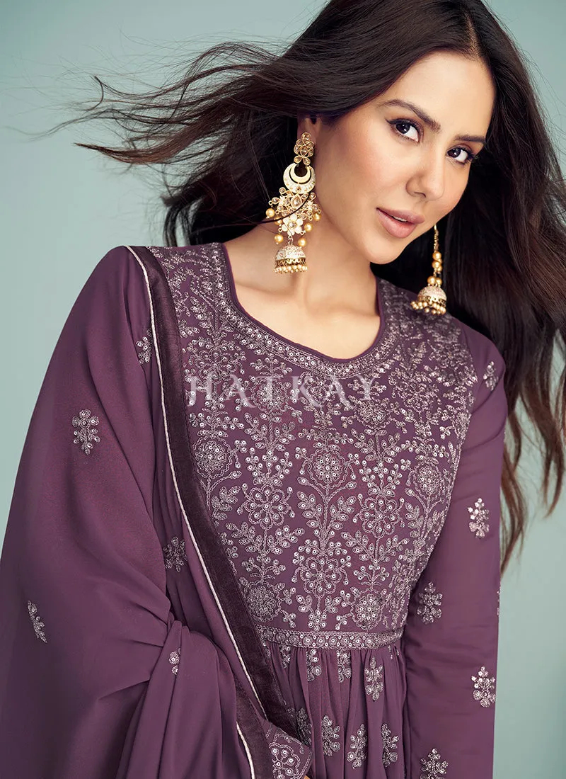 Purple Embroidered Georgette Anarkali Suit