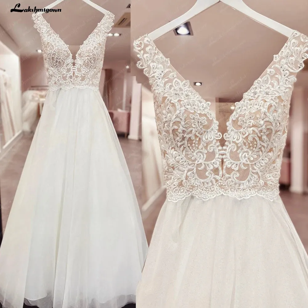 Sexy V Neck Boho A Line Wedding Dress 2023 Chic Robe Tank Bohemian Beach Bride Dress Lace Appliques Tulle Vestido De Noiva