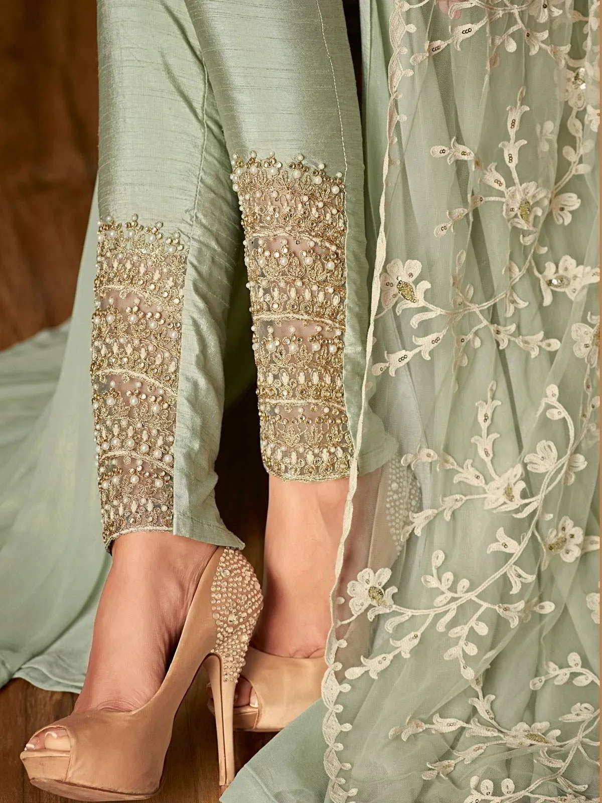 Teal Green Ethnic Embroidered Slit Style Anarkali Pant Suit