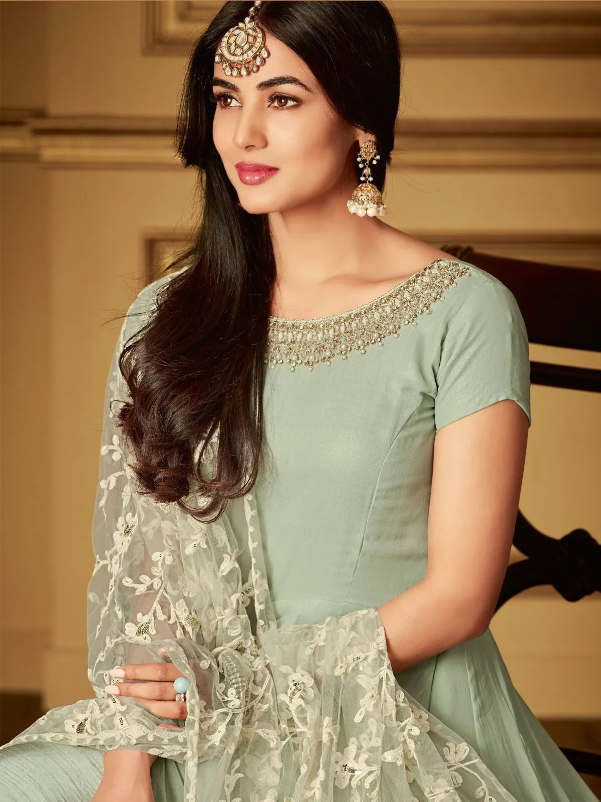 Teal Green Ethnic Embroidered Slit Style Anarkali Pant Suit