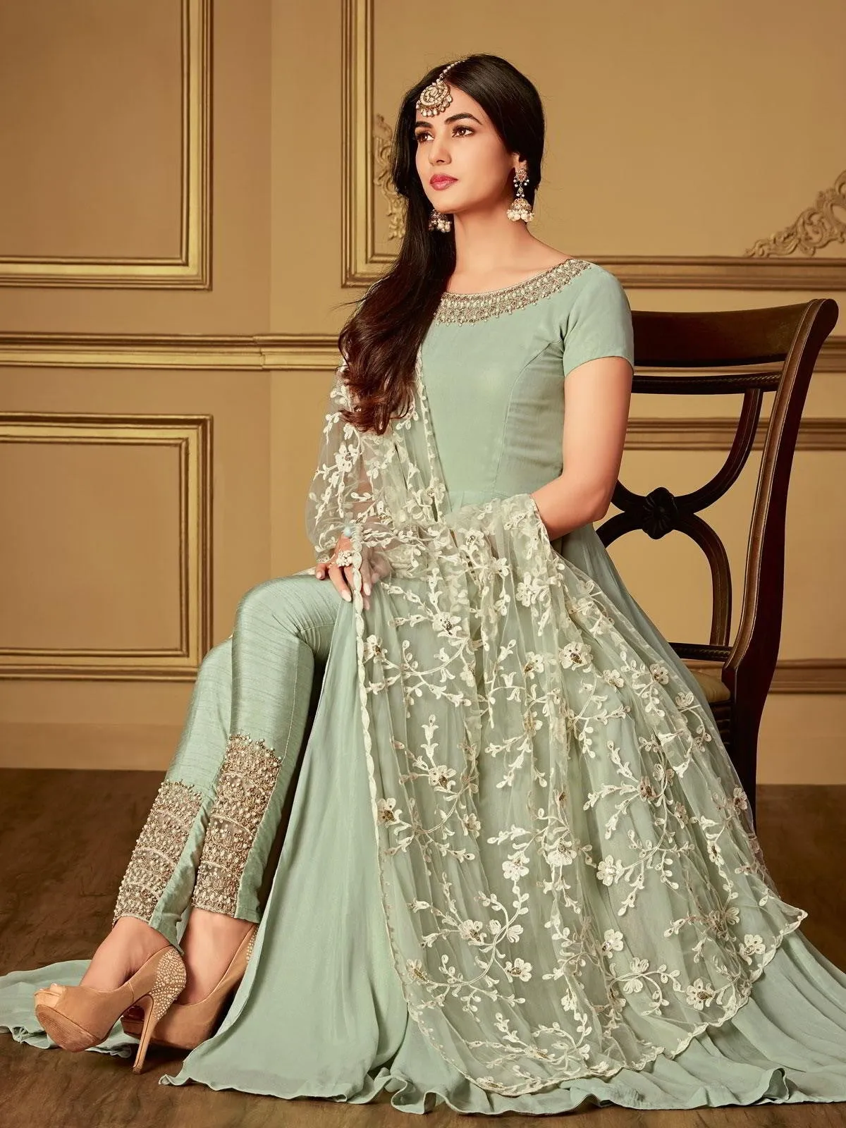 Teal Green Ethnic Embroidered Slit Style Anarkali Pant Suit